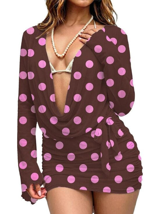 Other - Women Chocolate Pink Draped Neck Tie Waist Ruffle Flare Print Swim Suit Cover Up